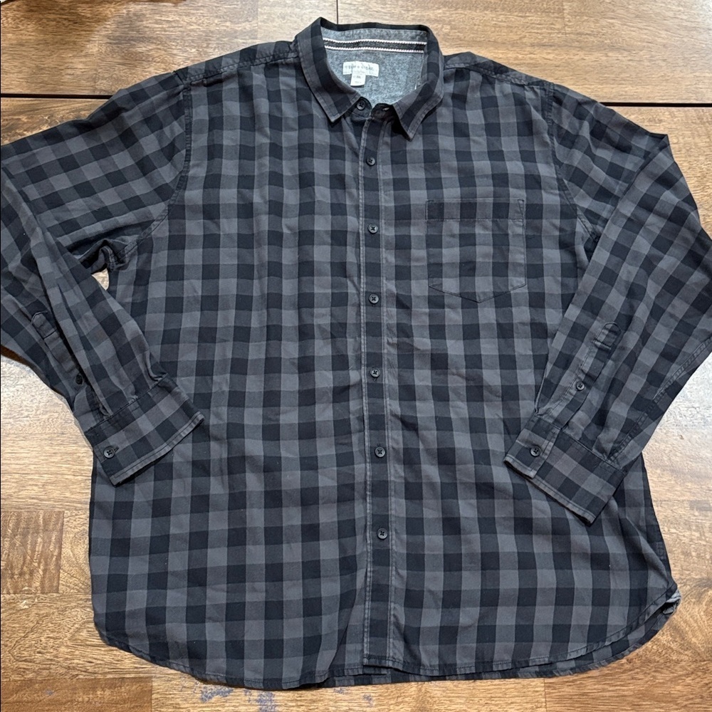 Sun + Stone Black & Gray Plaid Long Sleeve button down shirt XXL